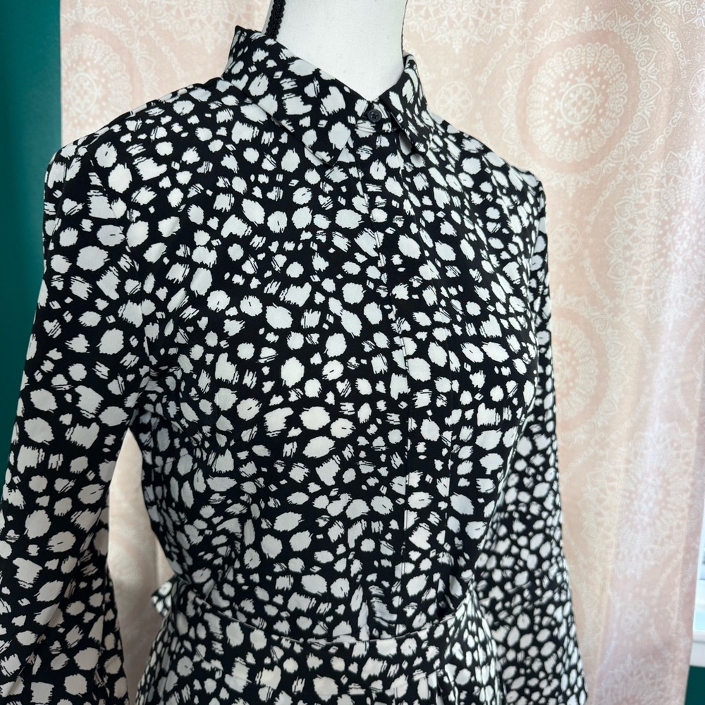 Banana Republic Button Up A Line Dress Long Sleeve White Black Pattern Petite - Picture 2 of 10